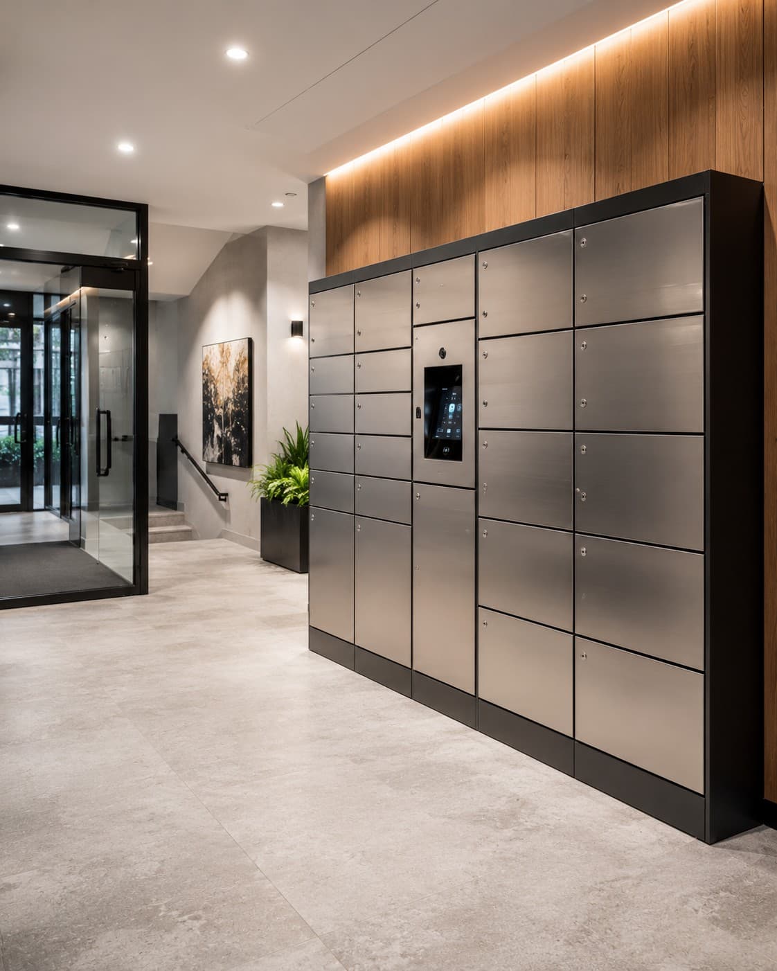 Smart parcel locker bank in apartment building